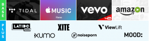 The logos of amazon music, google music, and apple music.