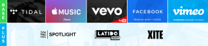 A variety of different music logos are shown on a white background.