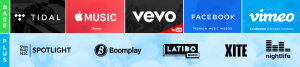 A variety of music logos are shown on a white background.