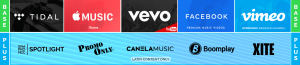 A variety of music logos displayed on a blue background, representing music video distribution.