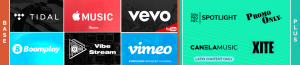Collage of various music and video distribution service logos, including tidal, apple music, vevo, and others, each logo set against a vibrant, distinctively colored background.