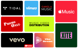 Logos of various music and video platforms, including Tidal, Vimeo, Canela Music, Apple Music, Promo Only, Music Video Distribution, Vevo, YouTube Vibe Stream, and XITE are displayed on a white background—a celebration of entertainment across leading video distribution services.