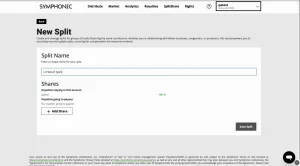 A user on the Symphonic platform enters "Lil Woof Spirit" as the split name, sets their share to 100%, and saves the split, following recent guidance outlined in the Letter from Symphonic's CEO.