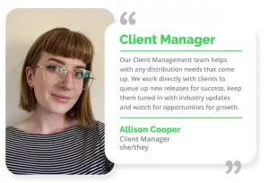 A person with glasses and short brown hair, wearing a striped shirt, stands next to a text block detailing a Client Manager role focused on leveraging Music Distribution Services to manage distribution and explore growth opportunities.