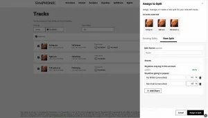 Screenshot of a music distribution platform showing track management and royalty splits, featuring a panel assigning 33% royalties to Rae Khalil on three tracks—part of an update highlighted in a recent Letter from Symphonic's CEO.