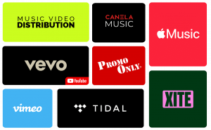 A collage displaying logos of major music and video distribution platforms: Music Video Distribution, Canela Music, Apple Music, Vevo, Promo Only, Vimeo, Tidal, and XITE.