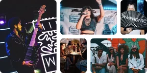 A collage of musicians performing on stage, people socializing at an outdoor event, and a group posing in front of a mural highlights the vibrant community featured in music industry guides.