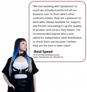 A woman with dyed hair and a black outfit stands next to a testimonial quote praising Symphonic for outstanding music distribution services by Reid Speed, highlighting their expertise in music industry guides.