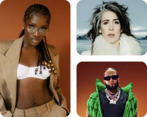 Three portraits: a woman in a tan suit and white top with beaded braids, a woman with streaked hair in a fur collar, and a man in a green spiked jacket with sunglasses and jewelry—style icons fit for music industry guides.